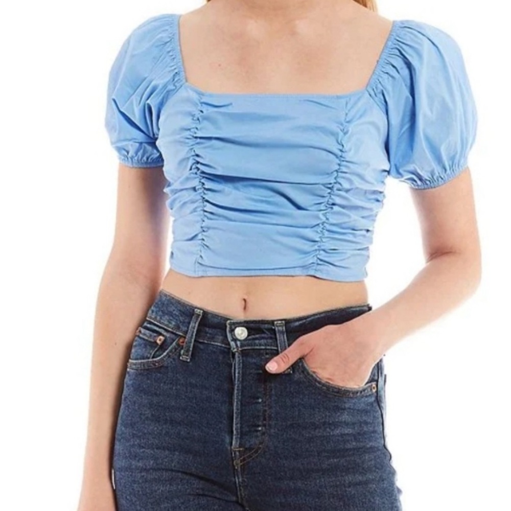 Evolutionary Blue Ruched Puff Sleeve Top